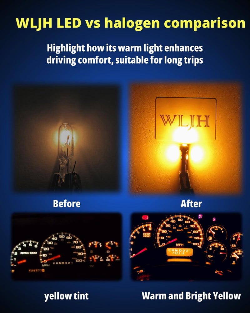 WLJH 74 Led Bulb Dash Lights Super Bright T5 2721 37 286 Wedge PC74 Twist Socket Automotive Instrument Panel Gauge Light Kits Cluster Shift Indicator Bulbs Amber Yellow Pack of 20 - Image 3